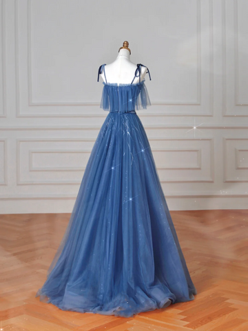 Vestido de fiesta azul con tirantes finos, tul y lentejuelas, corte en A, modelo Y8634