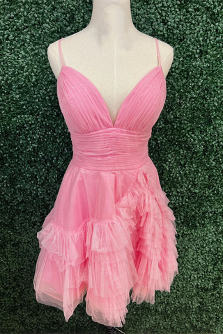 Vestido corto de fiesta con tirantes color marfil, corte en A y volantes, modelo Y2778