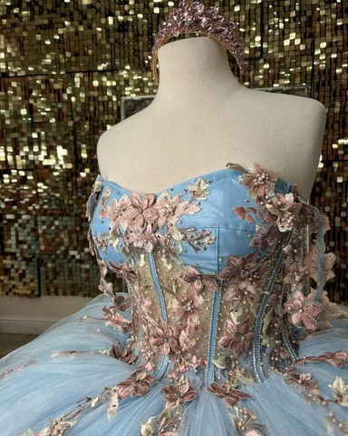 Robe de bal pour quinceañera, décolleté en cœur, appliques florales, robe de princesse pour 16 ans (Y2613)