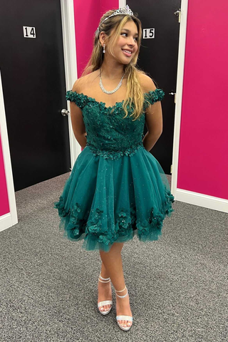 Robe de bal trapèze à épaules dénudées et appliques émeraude Y2085