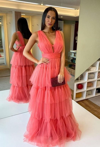 Robe de bal longue en tulle à col V et dos nu, style rustique Y5448