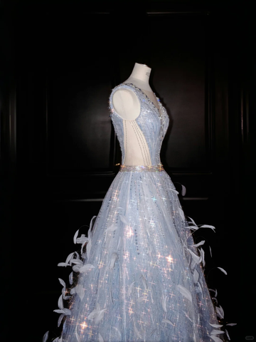 Robe de bal glamour en tulle à col en V, ornée de perles et de plumes, coupe trapèze, référence Y8682