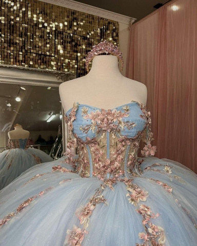 Robe de bal pour quinceañera, décolleté en cœur, appliques florales, robe de princesse pour 16 ans (Y2613)