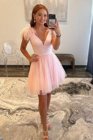 Vestido de fiesta rosa de corte A, tul, escote en V profundo, con cuentas y plumas Y2863