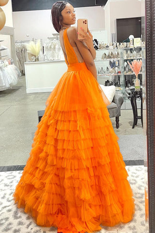 Vestido largo de fiesta de tul naranja con escote en V y corte en A