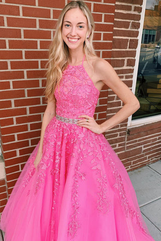 A-line Hot Pink Halter Tulle Prom Dress With Appliques