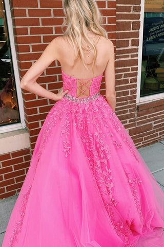 A-line Hot Pink Halter Tulle Prom Dress With Appliques