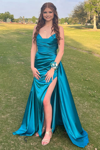 Peacock Green Strapless Mermaid Satin Long Prom Dress with Slit