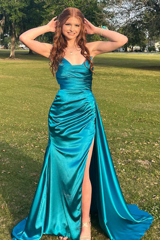 Peacock Green Strapless Mermaid Satin Long Prom Dress with Slit