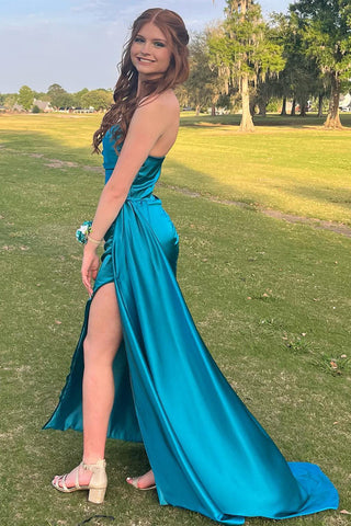 Peacock Green Strapless Mermaid Satin Long Prom Dress with Slit