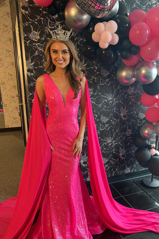 Sparkly Hot Pink Sequins V-neck Mermaid Long Prom Dress With Cape