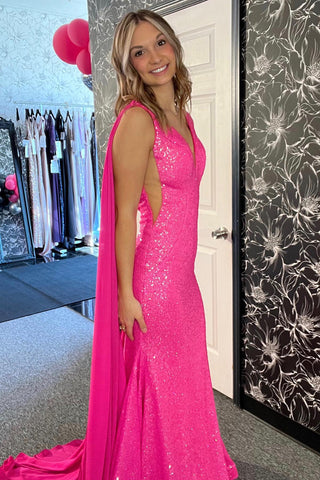 Sparkly Hot Pink Sequins V-neck Mermaid Long Prom Dress With Cape