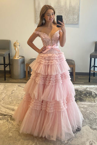 A Line Off the Shoulder Light Pink Long Prom Dress with Ruffles