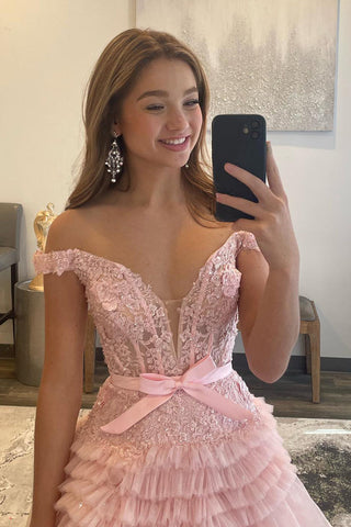 A Line Off the Shoulder Light Pink Long Prom Dress with Ruffles