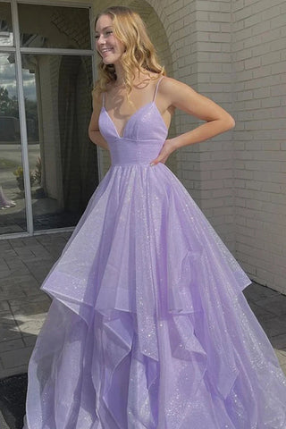 A Line Spaghetti Straps Long Prom Dress with Ruffles