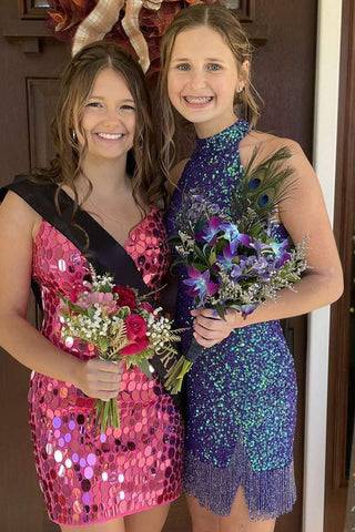 Vestido corto ajustado de lentejuelas con tirantes finos brillantes para baile de bienvenida