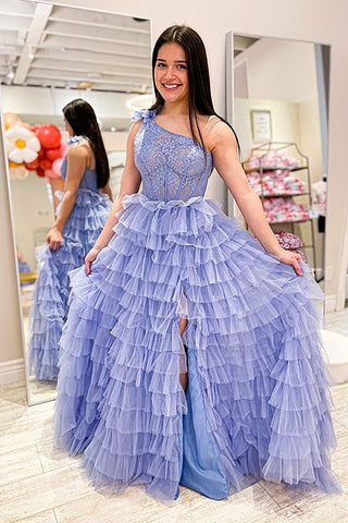 A Line One Shoulder Tiered Long Prom Dress