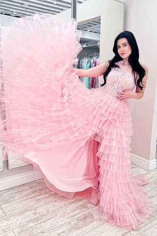 A Line One Shoulder Tiered Long Prom Dress