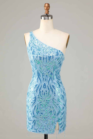 Vestido corto azul de lentejuelas con un solo hombro para baile de bienvenida