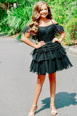 A Line Pink Glitter Tulle Homecoming Dress with Feather