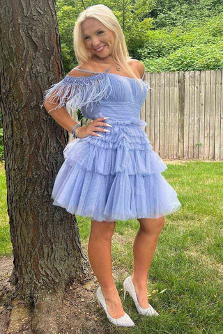 A Line Pink Glitter Tulle Homecoming Dress with Feather