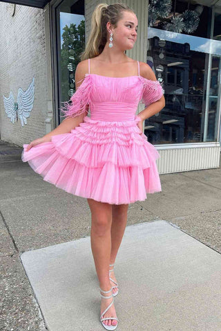 A Line Pink Glitter Tulle Homecoming Dress with Feather