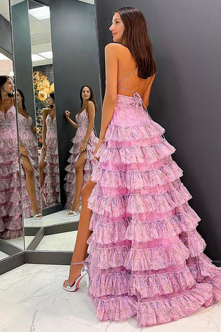 A Line Spaghetti Straps Printed Tulle Prom Dress with Ruffles