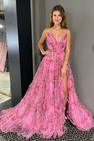 Robe de bal trapèze en tulle imprimé floral avec décolleté cœur et fente