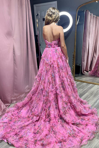 Robe de bal trapèze en tulle imprimé floral avec décolleté cœur et fente