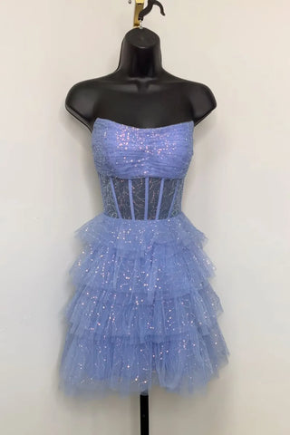 Strapless Tulle A Line Tiered Corset Homecoming Dress with Sequins