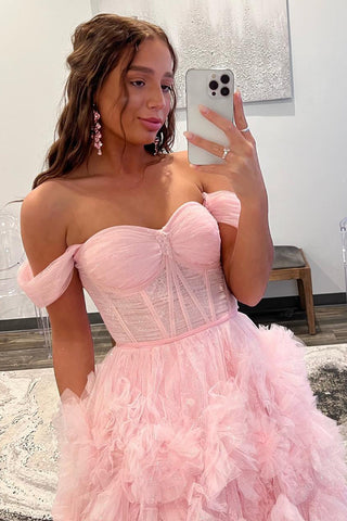 A Line Off the Shoulder Ruffled Tulle Prom Dress with Slit
