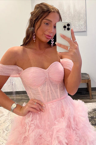 A Line Off the Shoulder Ruffled Tulle Prom Dress with Slit