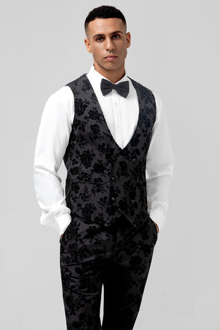 Black Jacquard Peak Lapel Slim Fit 3 Pieces Formal Prom Men's Suits