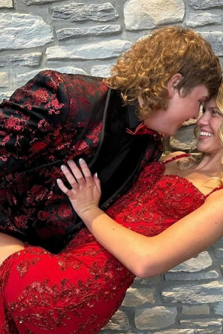 Black Red Jacquard Shawl Lapel 2 Pieces Formal Men's Prom Suits