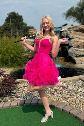 Vestido rosa de fiesta estilo princesa, corte A, tirantes finos, corsé y volantes