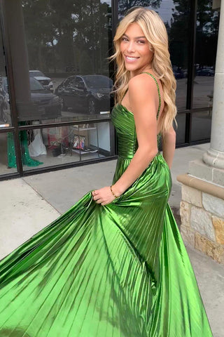 Sparkly A Line Halter Neck Pleated Long Prom Dress with Keyhole Slit