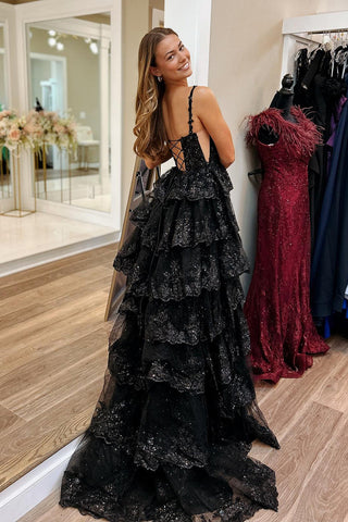 Sparkly  Spaghetti Straps A-Line Sequins Tiered Long Corset Prom Dress with Slit