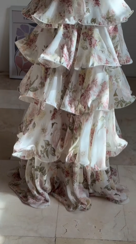 Vestido de fiesta glamuroso de gasa con estampado floral, corte en A, espalda descubierta, escote en V, cuello halter y capas, modelo Y8501