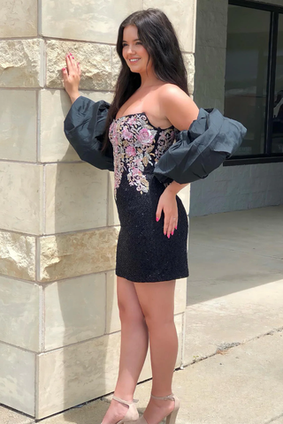 Robe de bal noire sans bretelles ornée d'appliques et de perles, manches amovibles Y2823