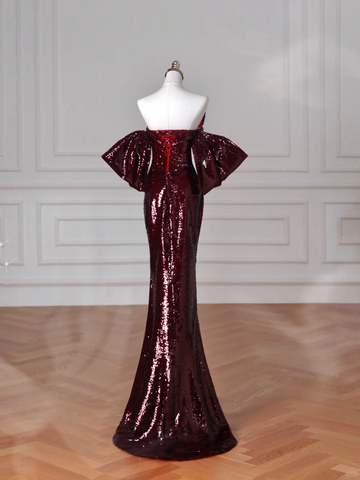 Robe de soirée sirène bordeaux à sequins épaules dénudées, modèle Y8639