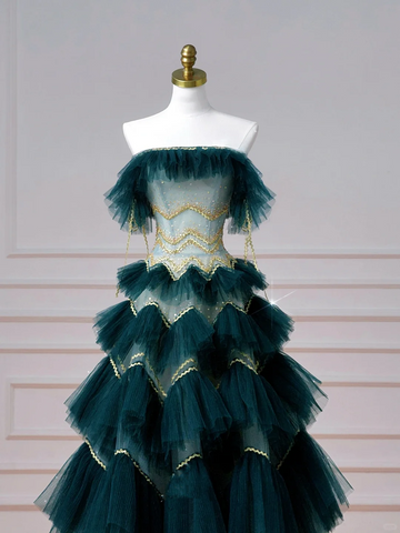 Robe de bal vintage vert foncé en tulle à sequins superposés, coupe trapèze, sans bretelles, Y8606