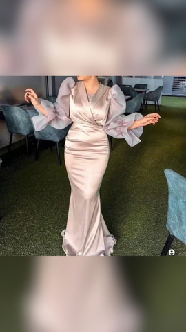 Nouvelle robe de soirée en satin à col en V et manches longues, style Dubaï, Y4940