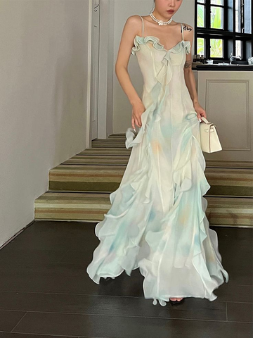 Magnifique robe de bal verte en mousseline à volants superposés et bretelles, référence Y7897