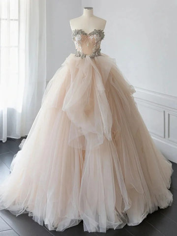 Magnifique robe de bal en tulle champagne ornée de perles, robe de mariée Y7744
