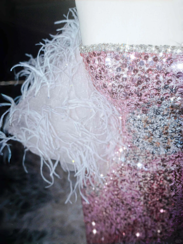 Robe de soirée sirène rose féérique sans bretelles, ornée de sequins et de plumes, fendue, modèle Y8660