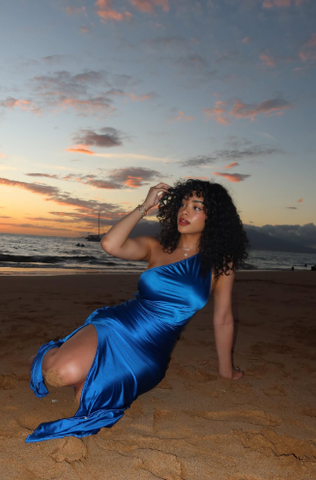 Robe de bal bleue asymétrique à une épaule, fente latérale, Y8150