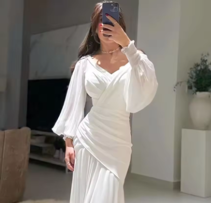 Robe de soirée sirène longue blanche chic à col en V et froncée Y7737