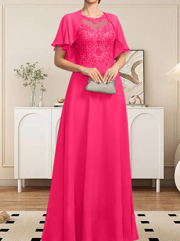 A-line Scoop Illusion Floor-Length Lace Chiffon Mother of the Bride Dress With Sequins