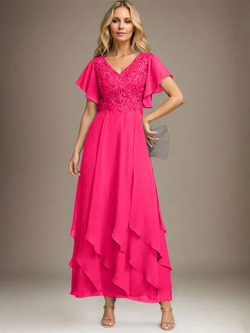 A-line V-Neck Ankle-Length Lace Chiffon Mother of the Bride Dress With Cascading Ruffles