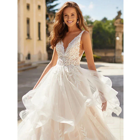 Wedding Dresses 2023 Bohemia A-line Sexy V-neck Pleated Backless Button Bridal Gowns Women's Elegant Backless Vestidos De Novia